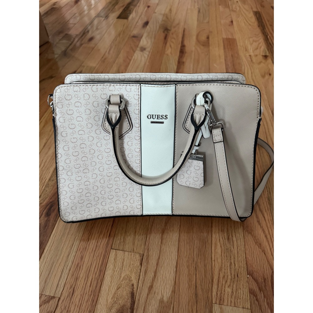 Guess Los Angeles Monogram Logo Colorblock Satchel Handbag Cream Beige Crossbody